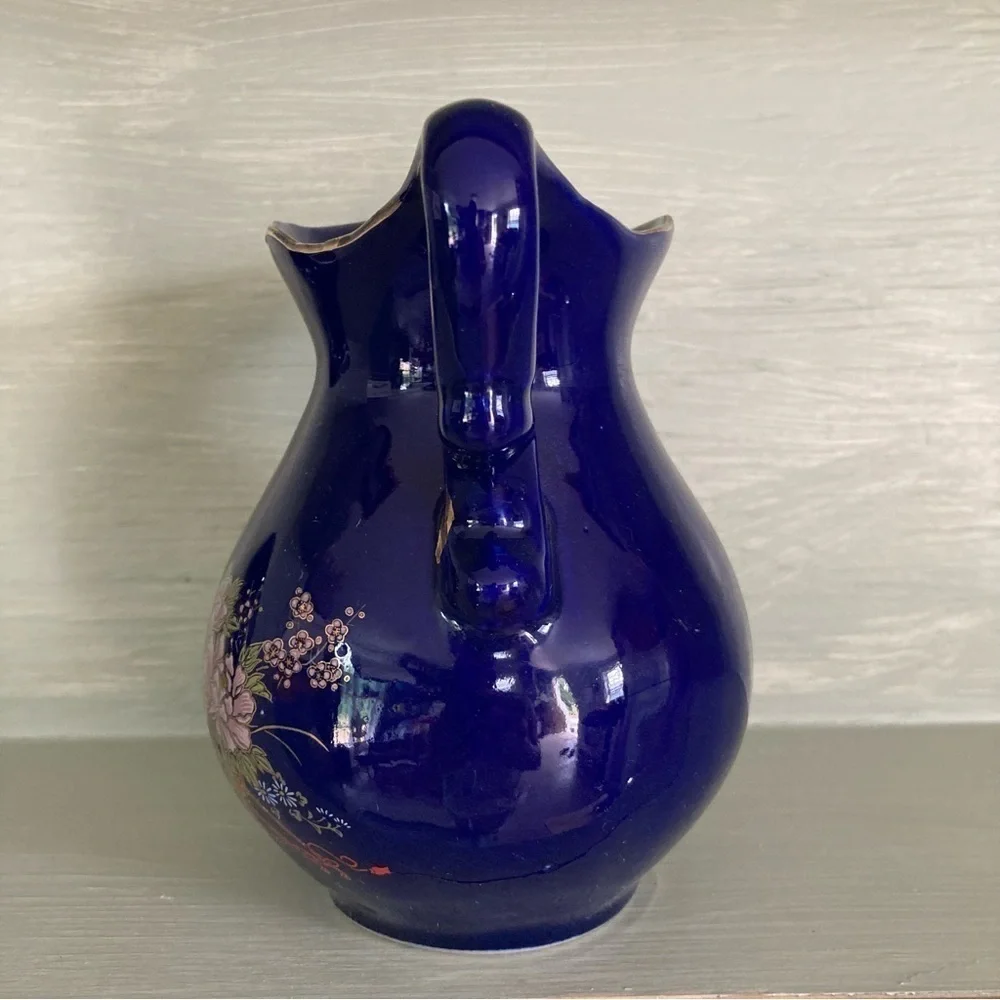 Vintage Cobalt Blue Asian Floral Pitcher and Basin Set Small